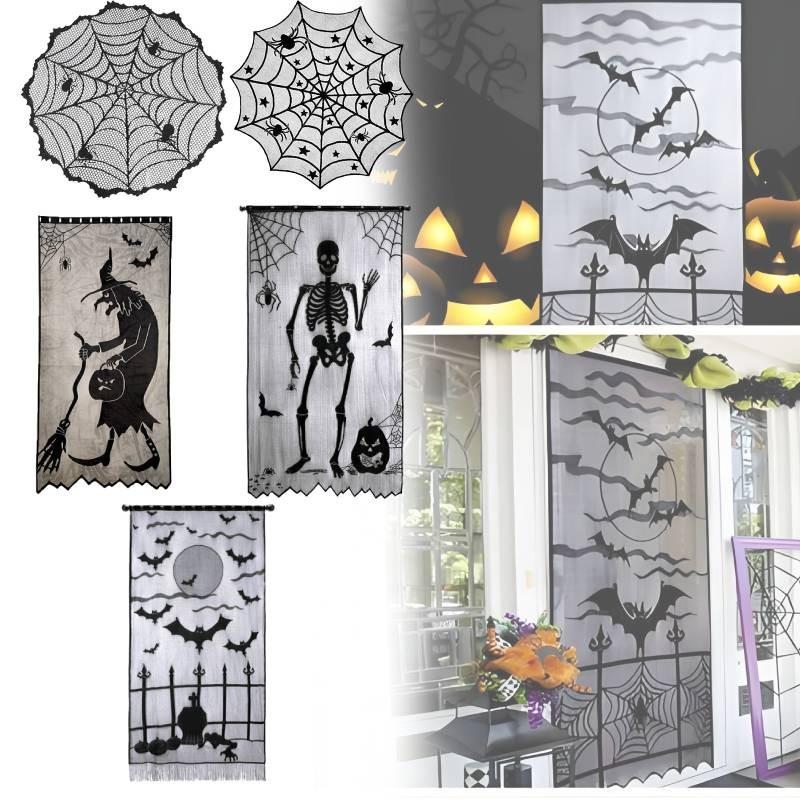 Stylish Black Lace Halloween Table Flag Featuring Creepy Bat And Spider Web Patterns