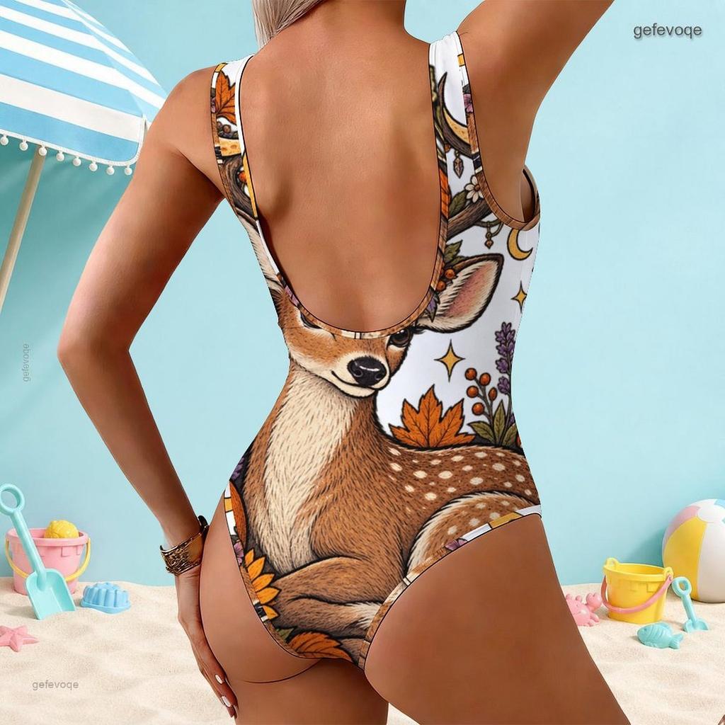 Women Plus Size Scoop Neck Wide Straps One Piece High Cut Bee Pumpkin Printed Swimsuit
