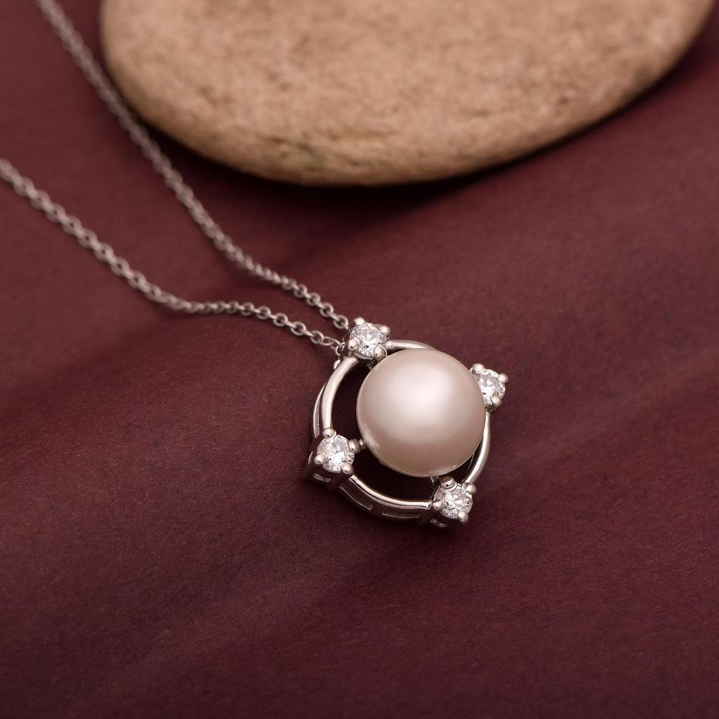 10MM Round Shape Pearl Gemstone 925 Sterling Silver Floating Halo Solitaire Pendant Necklace For Women Jewelry
