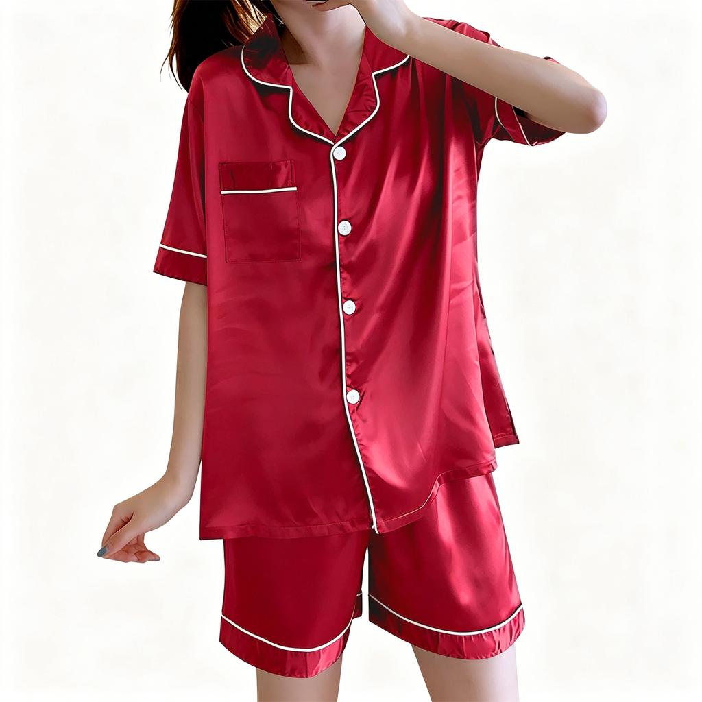 Set Pigiama Estivo da Donna a Maniche Corte con Bottoni, Collo a Tacca, Imitazione Seta, Leggero, per la Casa
