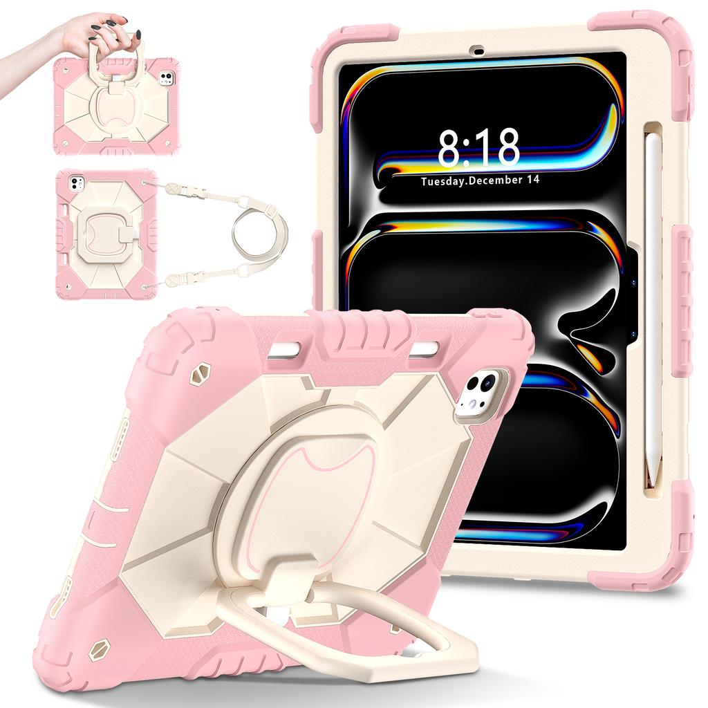 For iPad Pro 11 (2025)/11 (2024) Kickstand Case Silicone+PC Tablet Cover with Shoulder Strap