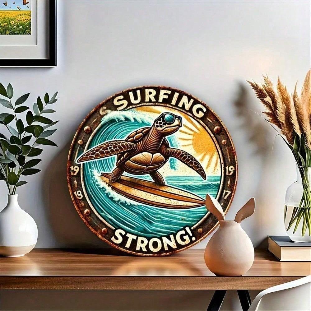 8 Inch Retro Metal Tin Sign Surfing Sea Turtle Vintage Round Wall Art Decor Living Room Beach House