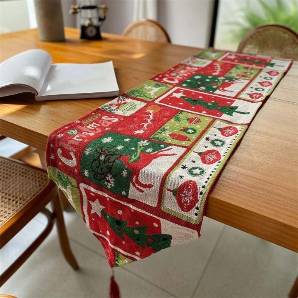 Long Contrast Color Christmas Table Runner Tree Red Santa Claus Tablecloth Snowman Elk Xmas Desktop Decoration Home Decoration