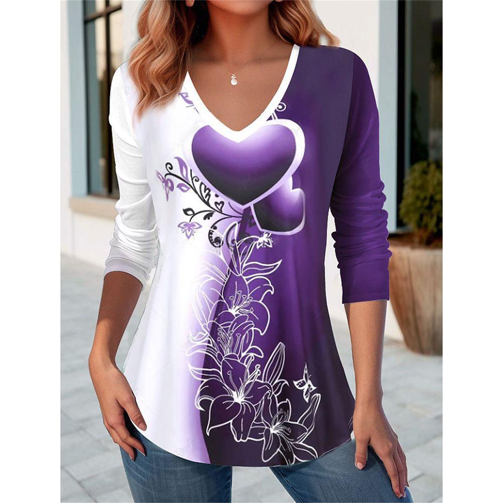 Autumn and Winter Ladies 3D Printed V-Neck Long Sleeve T-Shirt Fashion Versatile Trend Breathable Casual