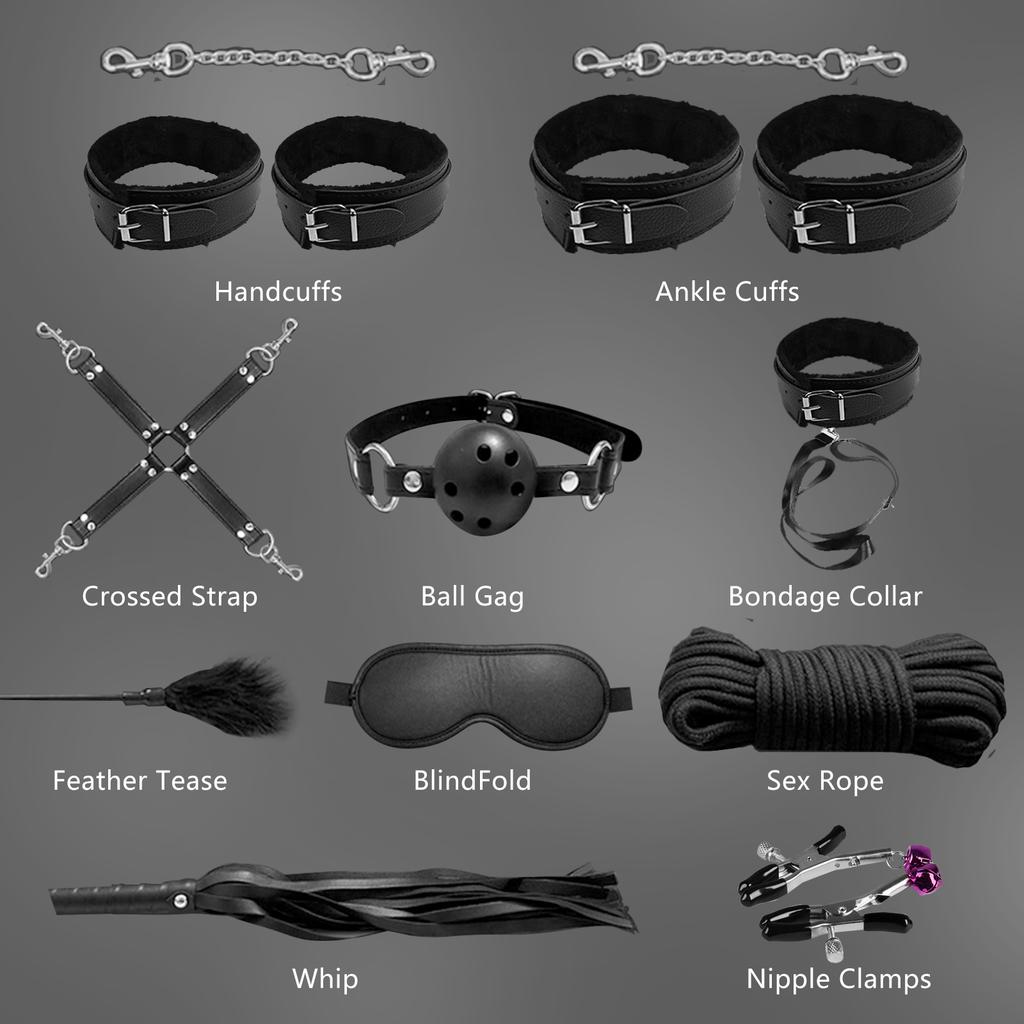 Bondage Set Restraint Kit Adult Game Handcuff Couples Collar Mouth Gag Tickler Whip Nipple Clamps Rope Fetish Sexy Toy For Women
