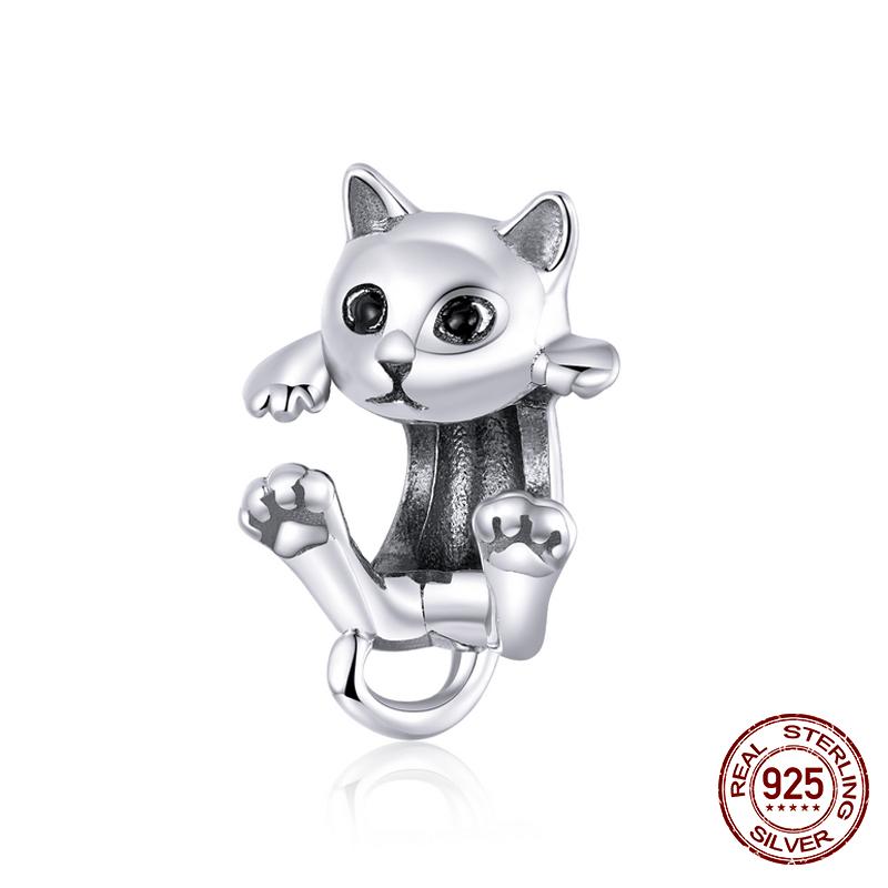 WOSTU 100% 925 Silver Cute Kitty Black Cat Charms Animal Bead for Women Fit DIY Bracelet Necklace Jewelry Gift