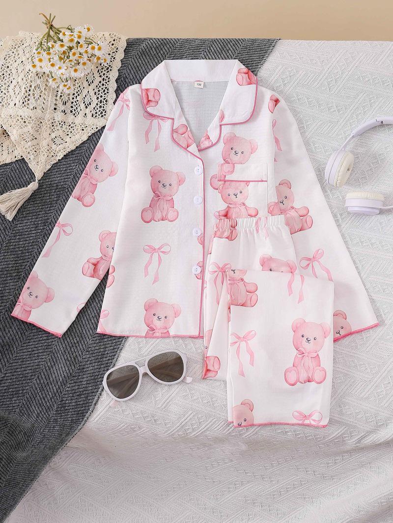 Long Sleeve Pink Bear Print Girls Pajamas 110