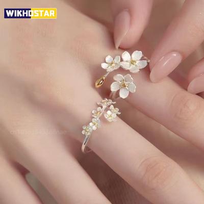 Delicate Flower Opening Adjustable Rings for Women Silver Elegant Ring Sweet Jewelry Gift