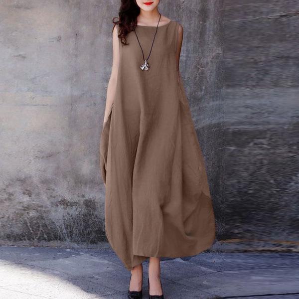 2022 Summer Cotton Linen Casual Loose Swing Dress with Pockets - Women's Solid Color Round Neck