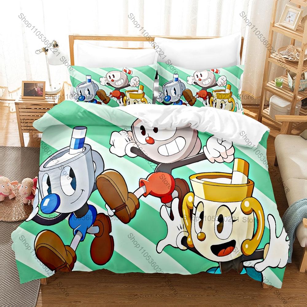 Cool Cuphead and Mugman Bedding Set Includes Duvet Cover + 2 Pillowcases 1930s Retro Rubber Hose Run And Gun Game Bedroom For Ga
