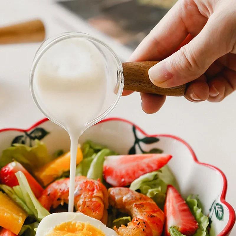 Small Glass Milk Cup Coffee Creamer Milk Pitcher Mini Glass Cup Milk Jug Gravy Boat Condiment Bowl Sauce Dish with Wood Handle