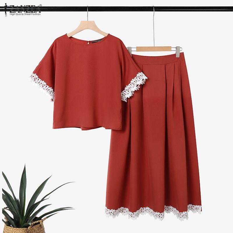 ZANZEA Damen Kurzarmbluse und lange Röcke Lässiger zweiteiliger Anzug