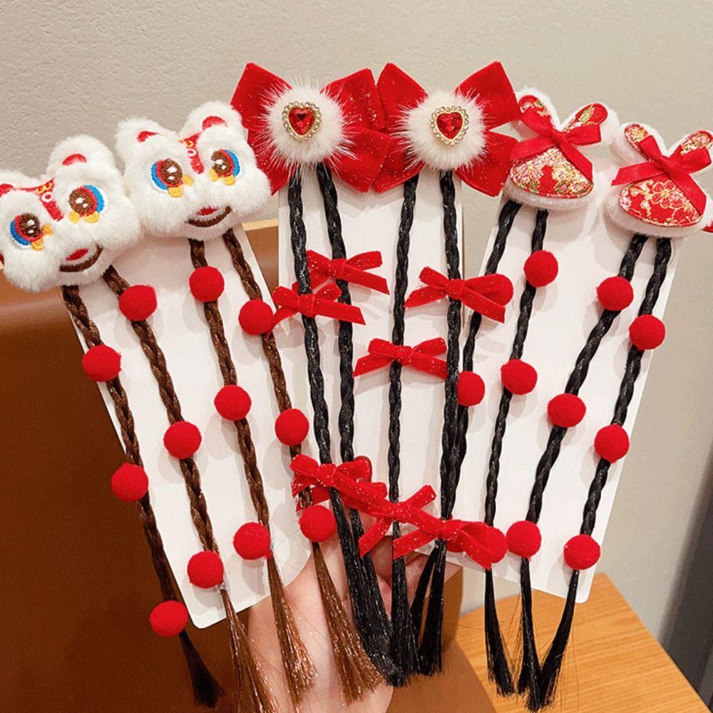 Wig Red Bow Hair Clip Tassel Plush Ball Hairpin Cute New Year Headwear  Decoration