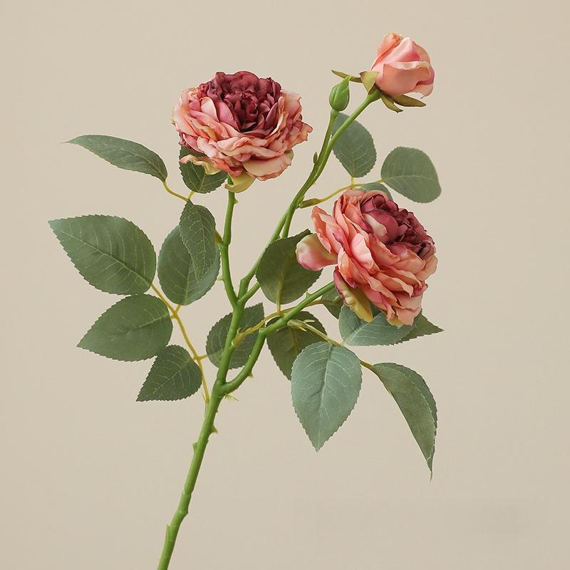 10pcs Fake Flowers Artificial Silk Grilled Edged Tea Rose Wedding Decoration Pink Simulation Flower 3 Heads Roses Branches