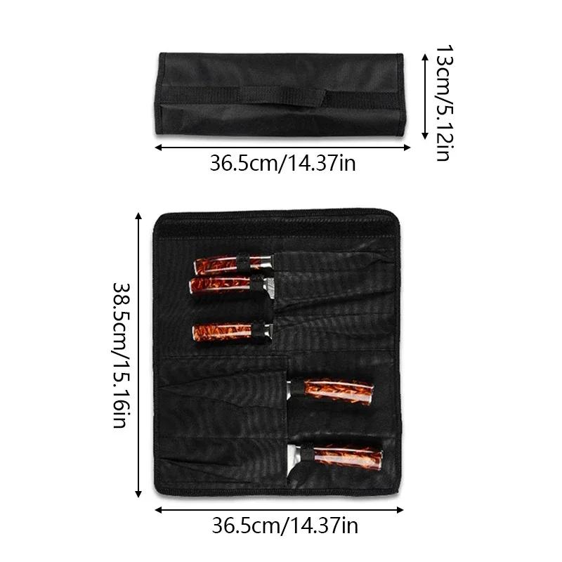 Black Chef Knife Roll - 5-Pocket Oxford Knife Bag for Kitchen/Cooking, Portable Durable Knife Storage Case with Carry Handle