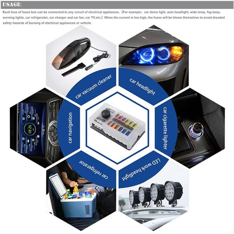 12Ways 6 Ways Car Boat Fuse Box Holder Blade Fuse Holder Block & Warning Indicator 32V 100A Power Distribution Panel Board