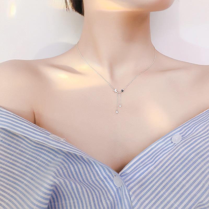 Sterling Silver Butterfly Tassel Necklace - Mori Style Clavicle Chain for Trendy Women and Students