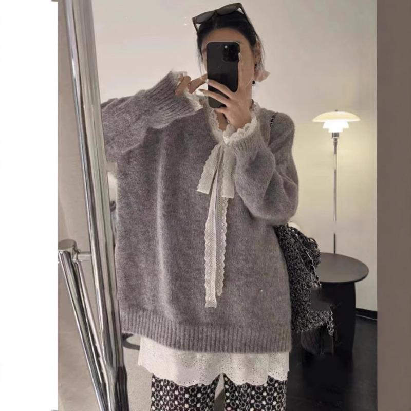 Soft waxy gentle wind lace splicing lace-up knitted sweater women's fashion solid color loose pullover sweater