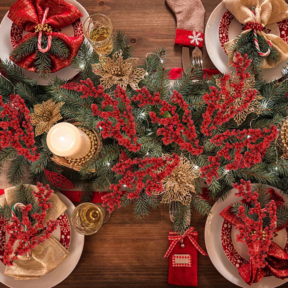 Artificial Red Berries Stems Fake Flower Simulation Christmas Red Holly Berry Branch DIY Wreath Xmas Party Home Table Decoration