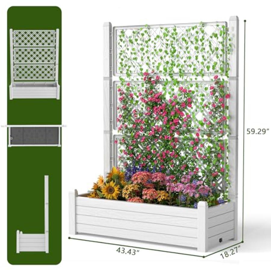 Raised Garden Bed with Trellis for Climbing Plants Outdoor Herb Planter Box with Drainage Plug Water Gauge Durable Resin In Bro