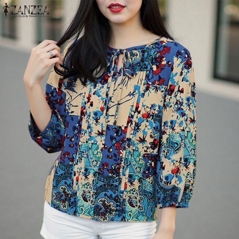 

ZANZEA Women Casual O-neck 3/4 Sleeve Loose Ethnic Print Blouse 3XL хакі