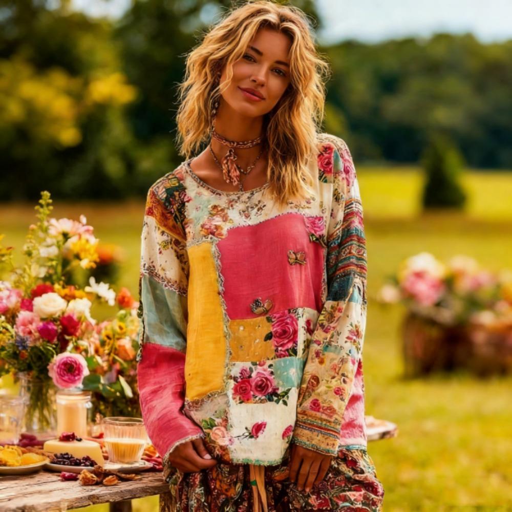 Bohemian Style Fashion Splicing Colors Women's T-shirt Pullover Europe America Women Long Sleeve Clothing Outdoor Casual Tees Top