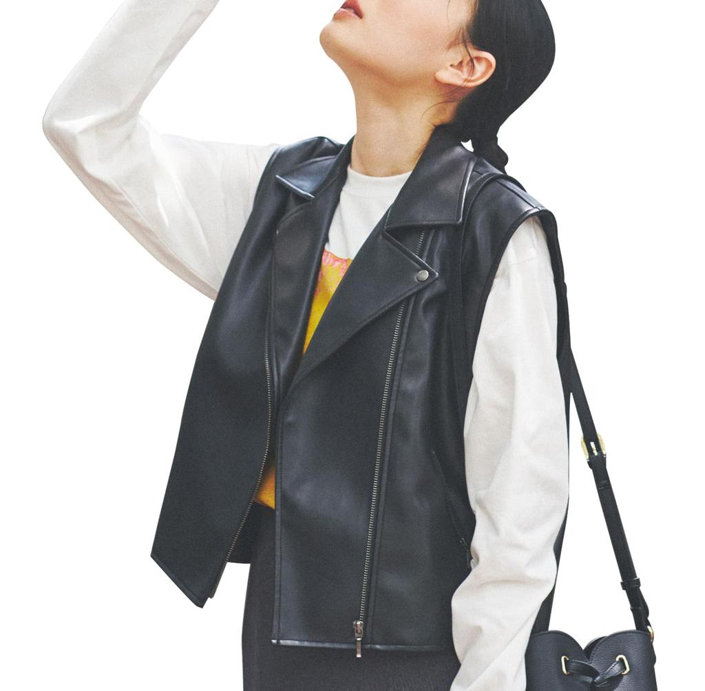 ROPE PICNIC Synthetic Leather Sleeveless Jacket GSV54000 Black Women's (01)