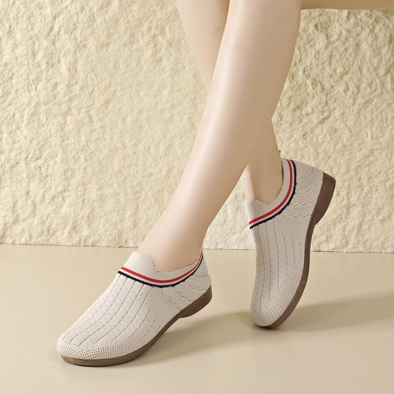 Women's Shoes Spring and Autumn Middle-aged and Old Pedal Flat-bottomed Fly-woven Breathable Child Casual Versatile Lazy Shoes