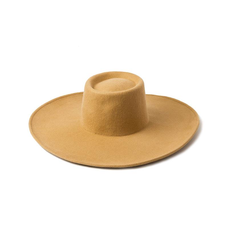 European, American autumn and winter new simple and fashionable halo ring flat top big brim wool top hat catwalk shopping big edge felt hat