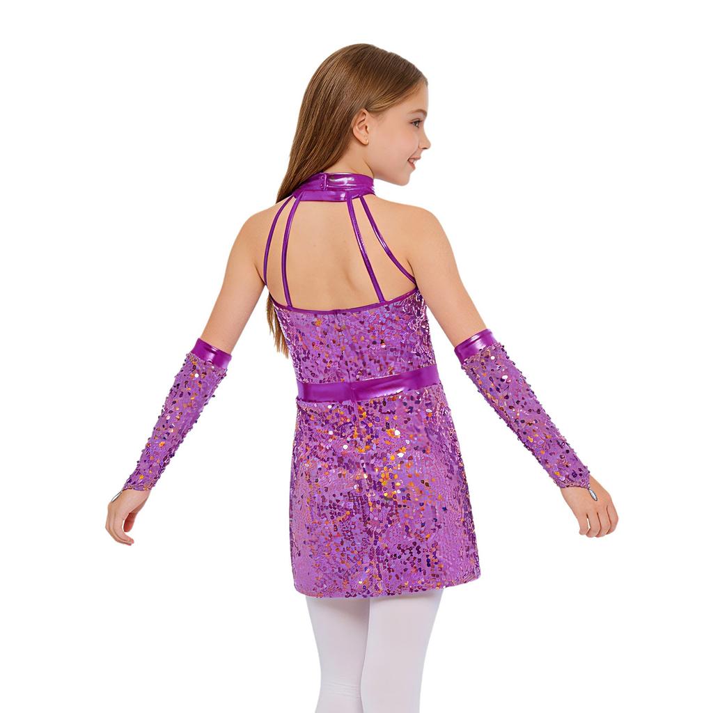 Kids Girls Jazz Dance Halter Dress Sleeveless Strappy Back Invisible Zipper Sparkling Sequins with 1 Pair Gloves for Stage Performance
