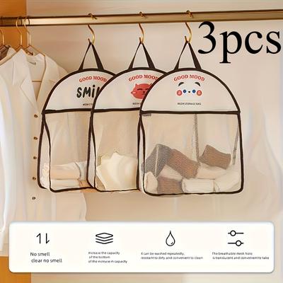 3 Stück Elfenbeinweiß Hängender Netz-Aufbewahrungsbeutel, Polyester Atmungsaktiv & Waschbar Wäsche-Organizer, Wandmontierte Sortiertasche für Unterwäsche und Socken