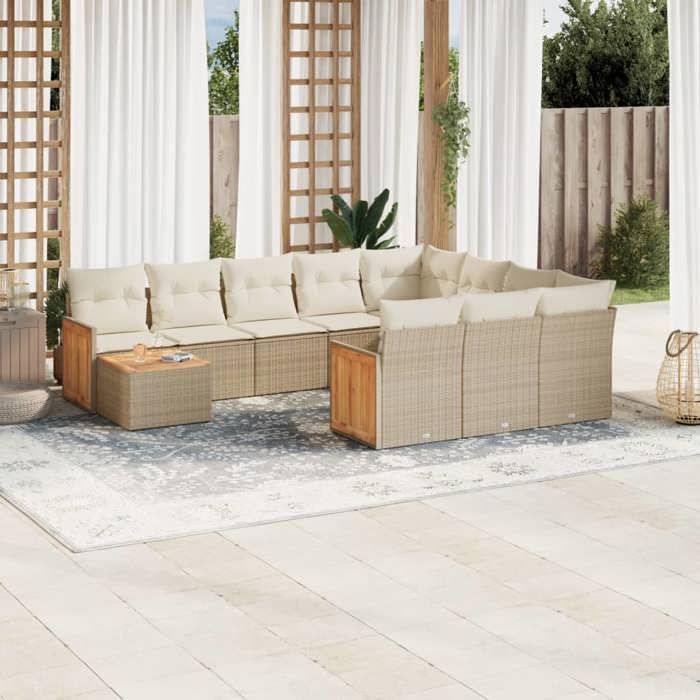 VidaXL Salon de Jardin avec Coussins 11 pcs, Canapés de Terrasse, Ensemble de Meubles de Patio, Mobilier d'Extérieur, Beige 3228046