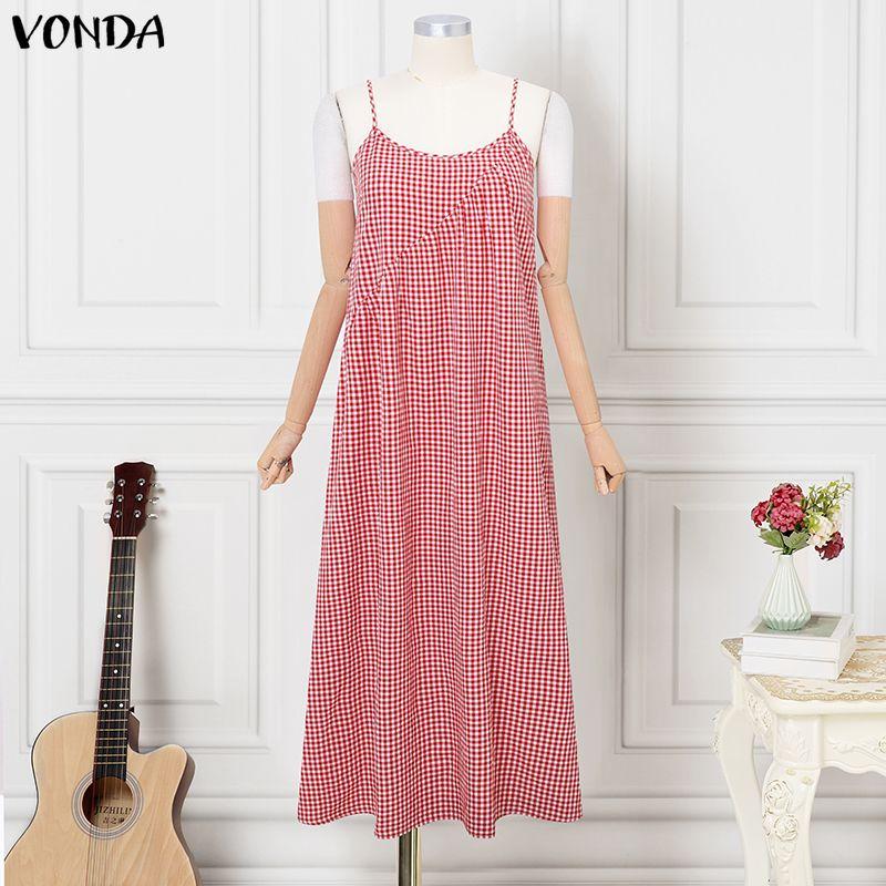 VONDA Summer Women Sleeveless Strap Plaid Print Casual Long Dress Sundress