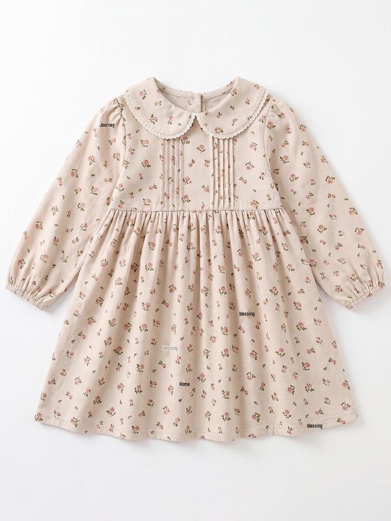 French Floral Doll Collar Long Sleeve Dress: Autumn 2026 Lace-Pleated Princess Style for Girls