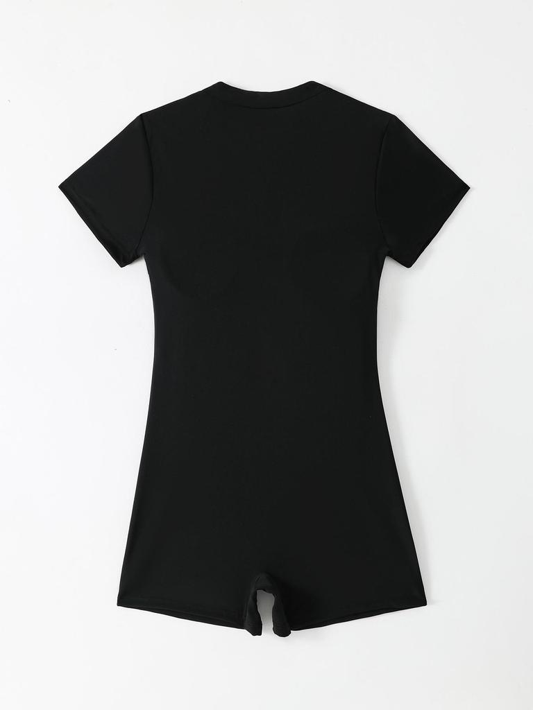 2026 European & American Women's Solid Color Zipper One-Piece Short Sleeve Swimsuit