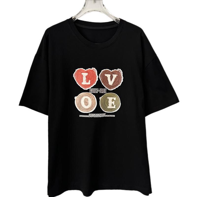 Summer 2025 Plus Size Love Letter Women's Loose T-shirt - Korean Style, Slimming, Short Sleeve