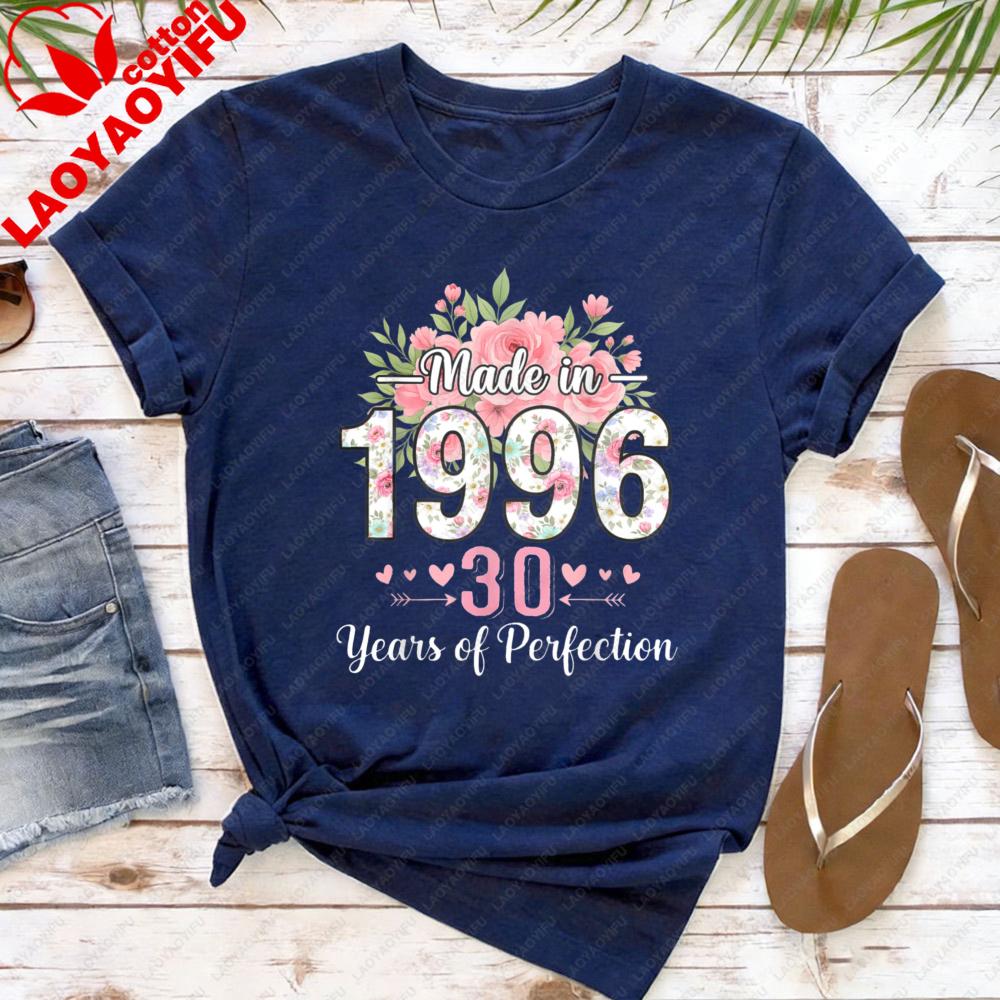 Made in 1996 30th Birthday Women TShirt Floral Design Cotton Short Sleeve Casual Summer Top Gift for Her Fashion Tee