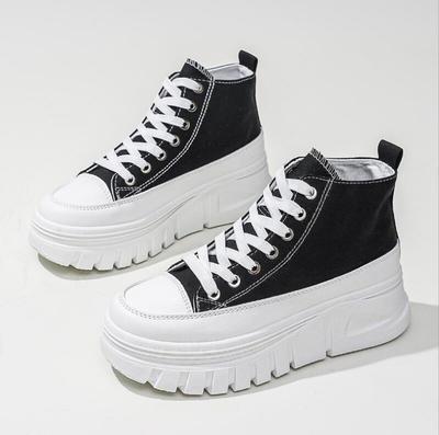 Women Lace-Up Front High Top Flatform Canvas Shoes Fashion Casual Comfortable Height Increasing Sneakers