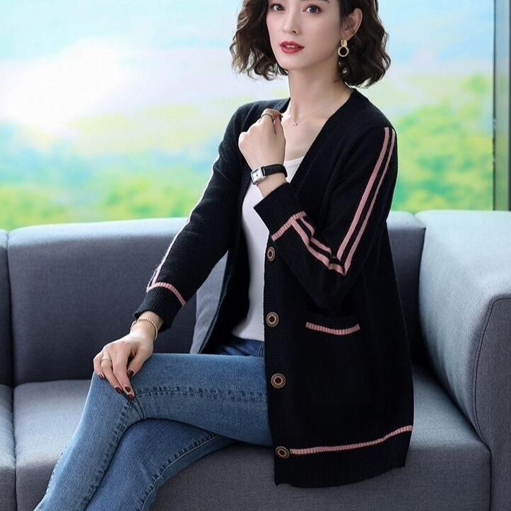 Dzianinowy sweter kardigan dla kobiet na jesień i zimę z dekoltem w serek, dzianinowy płaszcz, luźny sweter płaszcz o średniej długości