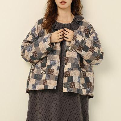 Zimowa Kurtka Bawełniana Patchwork Stylu Mori na 2025 - Styl Literacki, Luźny Krój, Okrągły Dekolt, Uniwersalna i Odmładzająca Odzież Wierzchnia Damska