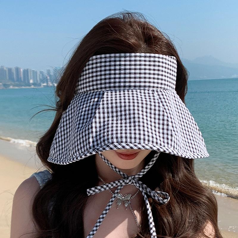 Summer Checkered Sun Hat Foldable Wide Brim Empty Top Beach Hat Breathable Uv Protection Women Sun Shade Visors