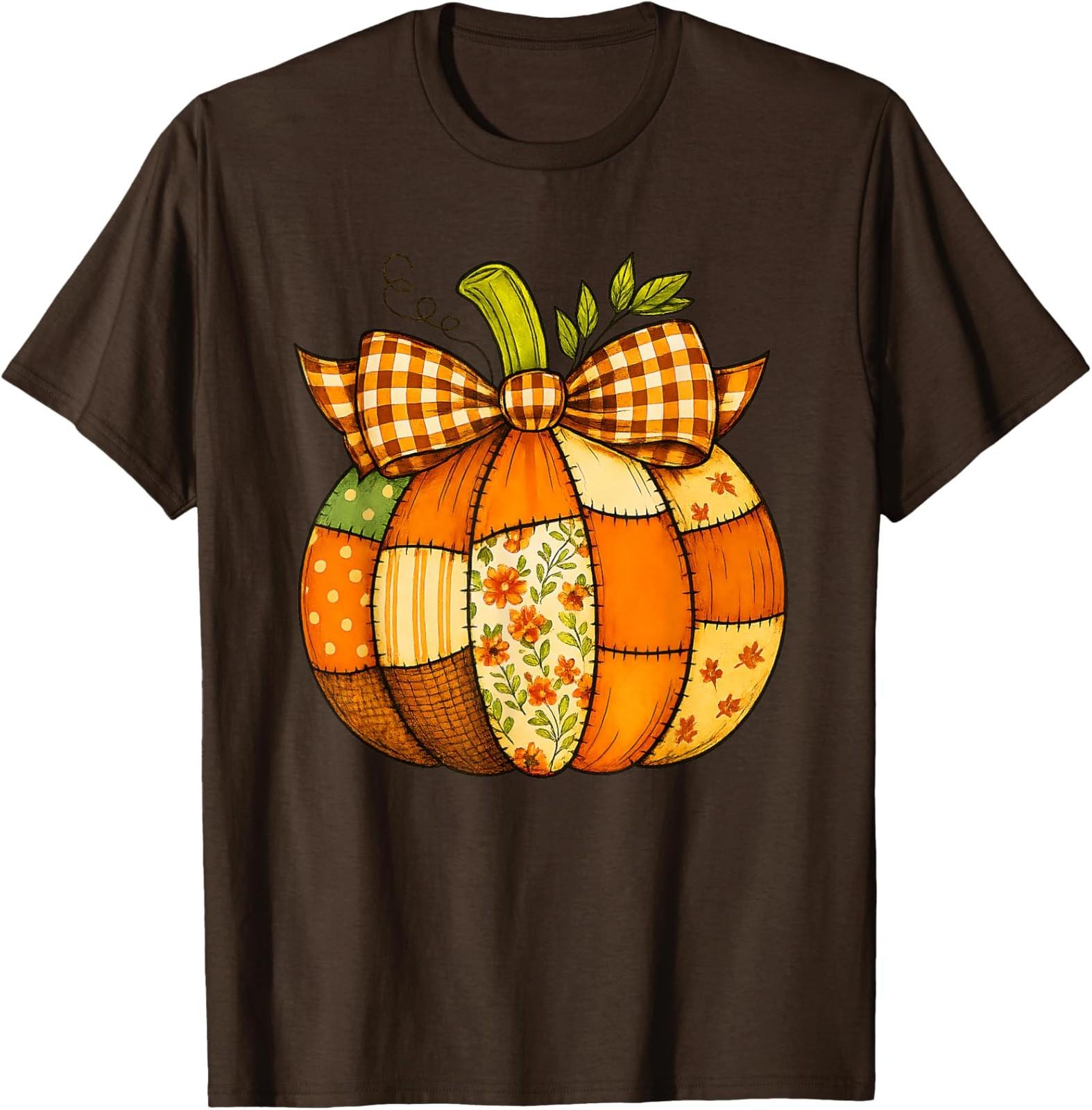 T-shirt unisexe automne patchwork citrouille Halloween Thanksgiving S