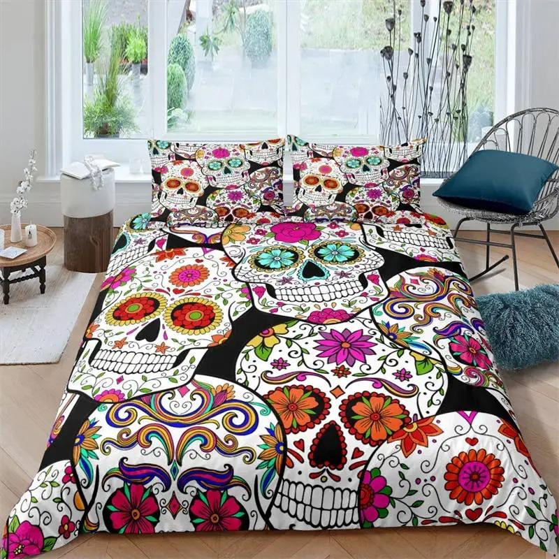 Sugar Skull Duvet Cover Luxury Gothic Skeleton Bedding Set Halloween Theme Floral Comforter Cover Twin Full For Girls Kids Teens