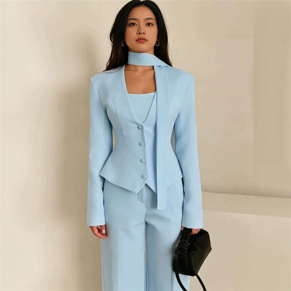 Damen V-Ausschnitt Schlanker Blazer Mit Schal-Dekoration Langarm Einfarbig Elegant Büro Geschäftsanzug Jacke
