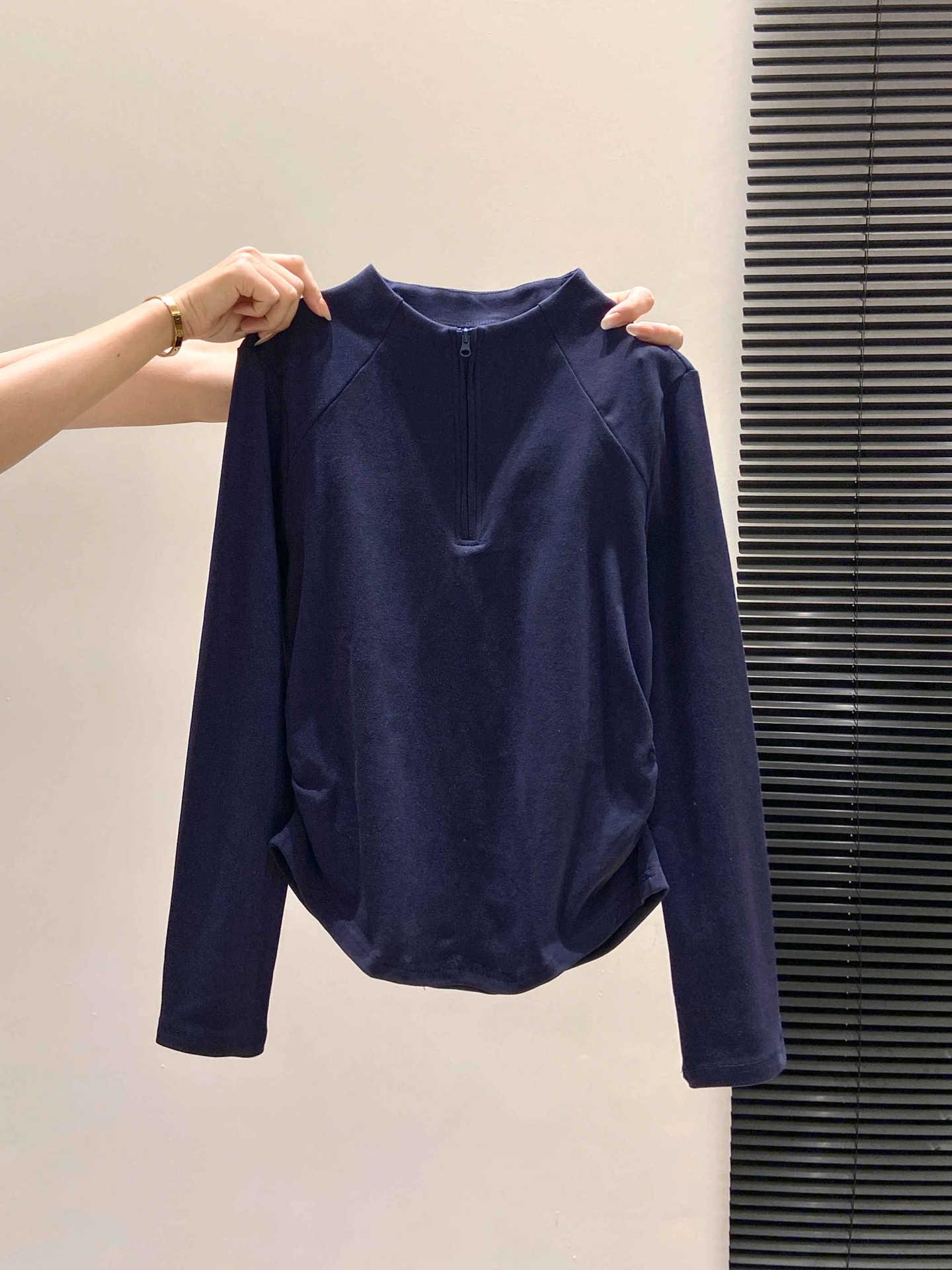 Women s Retro Half-Zip Long-Sleeve Ruched T-Shirt, Slim Fit Base Layer for Spring/Fall 2026 Large темно-синий