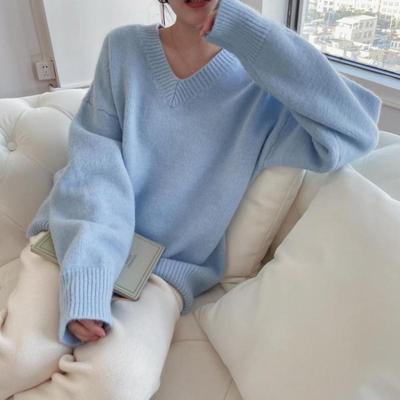 New Mohair Gentle Jumper Sweater Woman Japanese Blue V-neck Pullover Loose Lazy Autumn Winter Outer Wear Thickened Sweater Tops