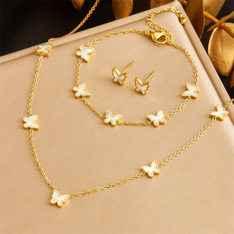 White Butterfly Jewelry Set Necklace Bracelet Earrings Set Gold Plated Shell Butterfly Jewelry for Women золотой