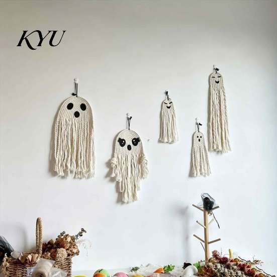 Bohemian Ghost Wall Decor Handmade Cotton Rope Hanging Ornament for Halloween, Indoor Outdoor Rustic Festive Atmosphere Props Pendent Front