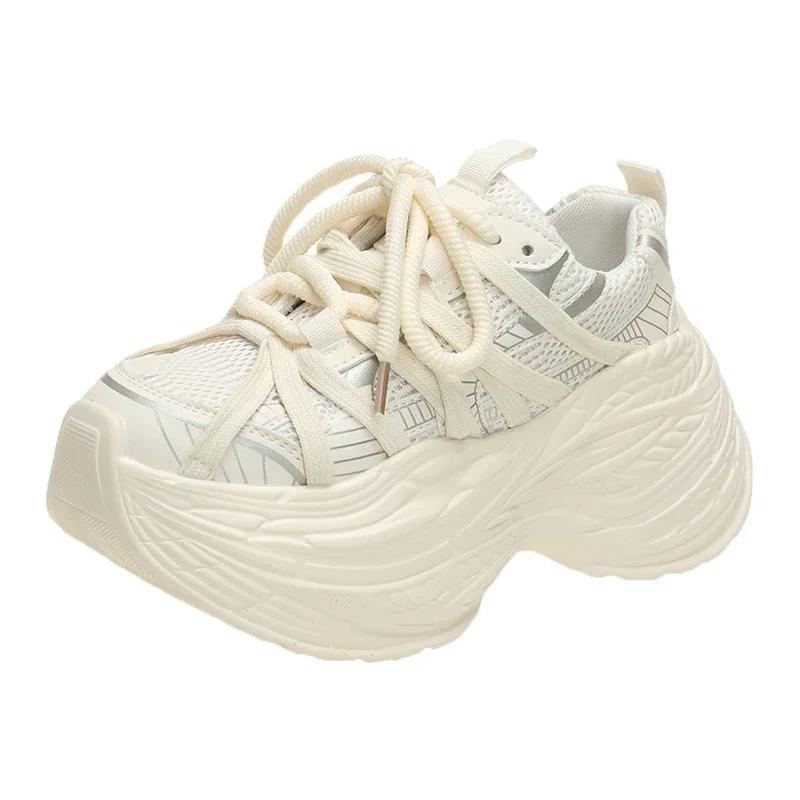 

Модные 8 см новые дышащие сетчатые весенне-осенние массивные кроссовки на каблуках с высокой платформой для папы, женские модные повседневные кроссовки на танкетке для ходьбы 34 бежевый