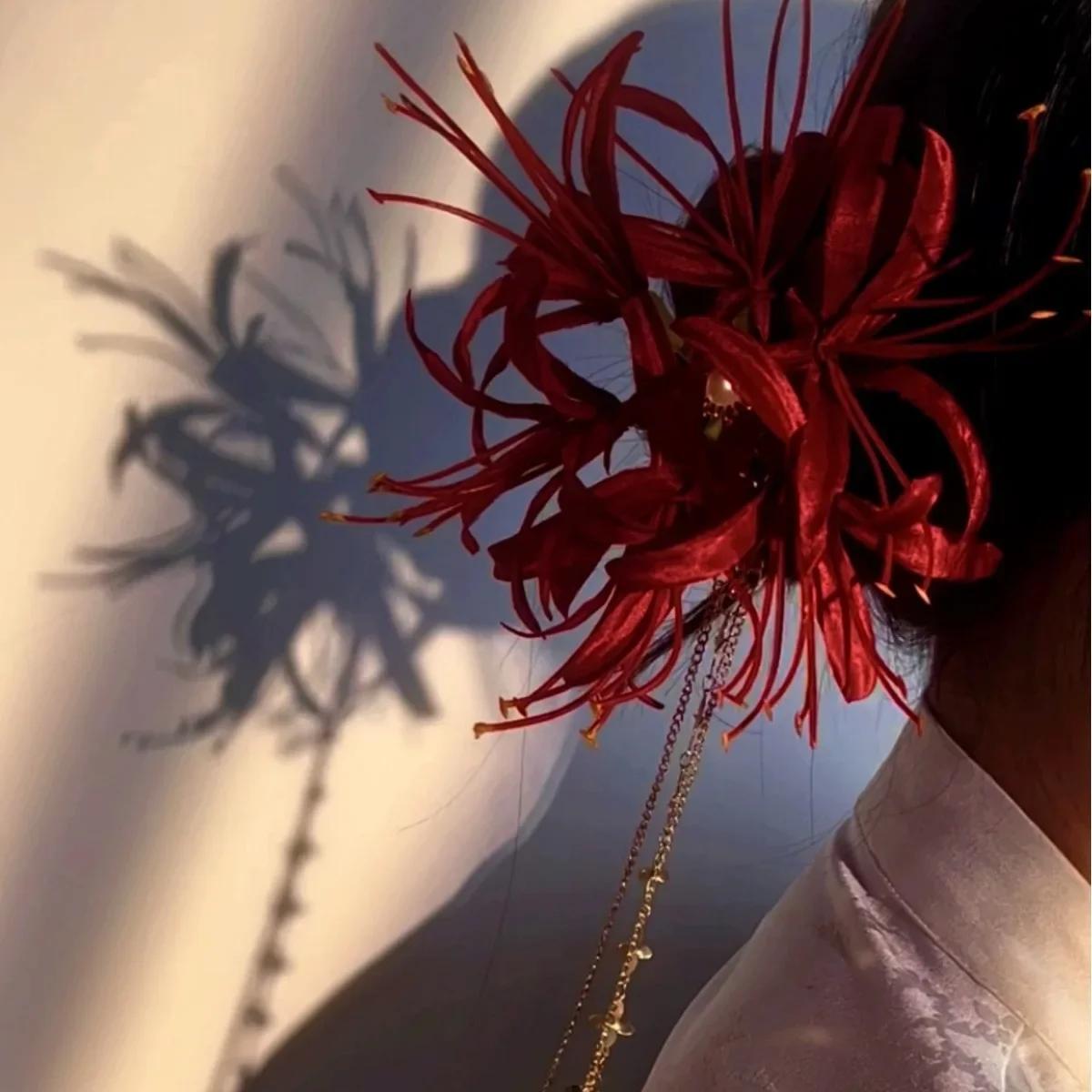

Chinese Hanfu Hair Accessories Red Flower Long Tassels Hair Clip Hairpins Barrettes Vintage Dress Accessories Headwear Jewelry